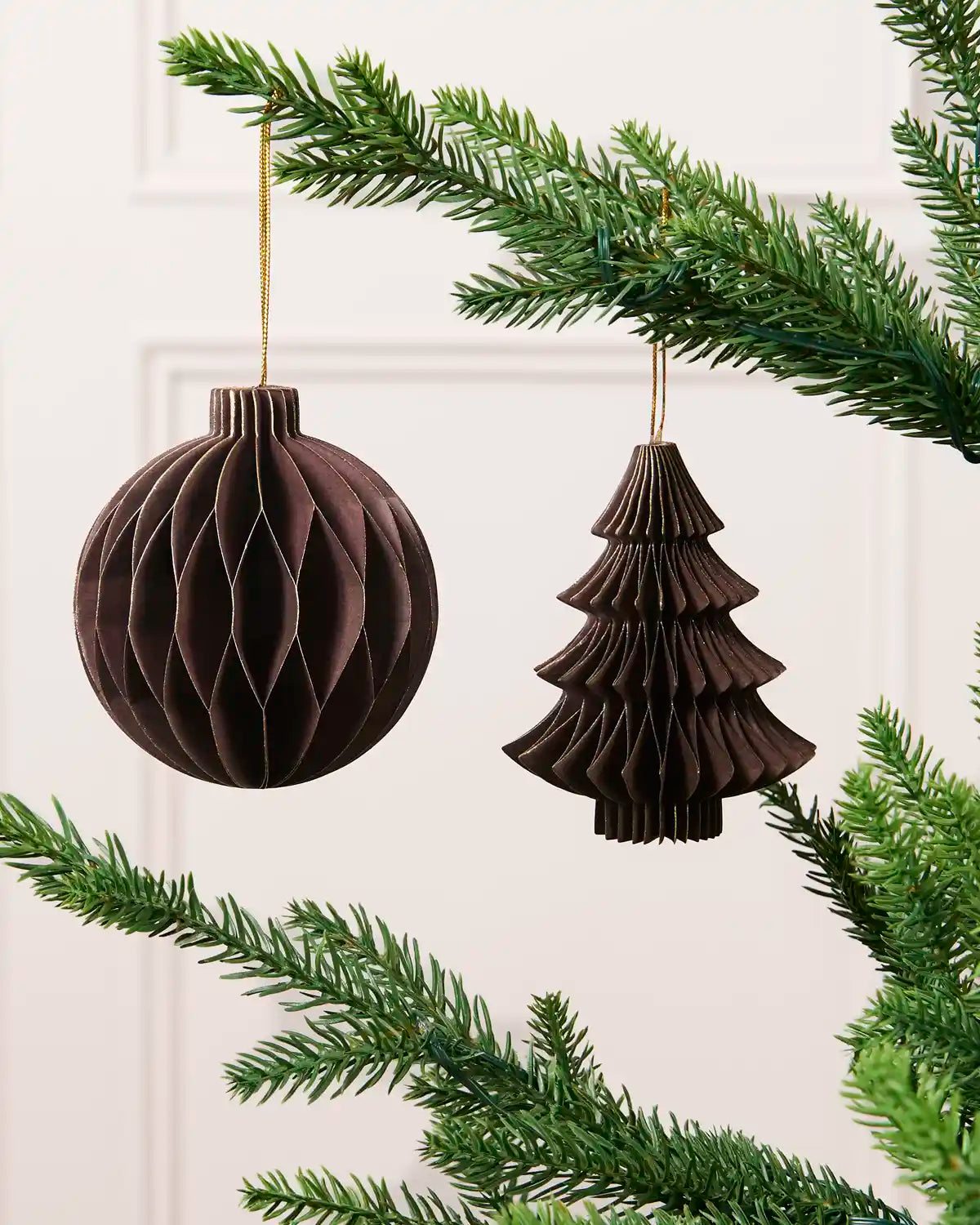 Espresso 15 cm paper bauble and Christmas tree decoration with gold glitter edging.