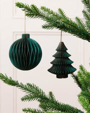 Sage green 15 cm paper bauble and Christmas tree decoration with gold glitter edging.