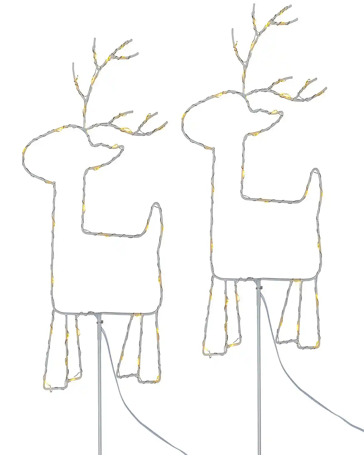 Set of two warm white LED reindeer pathway stake lights on white background