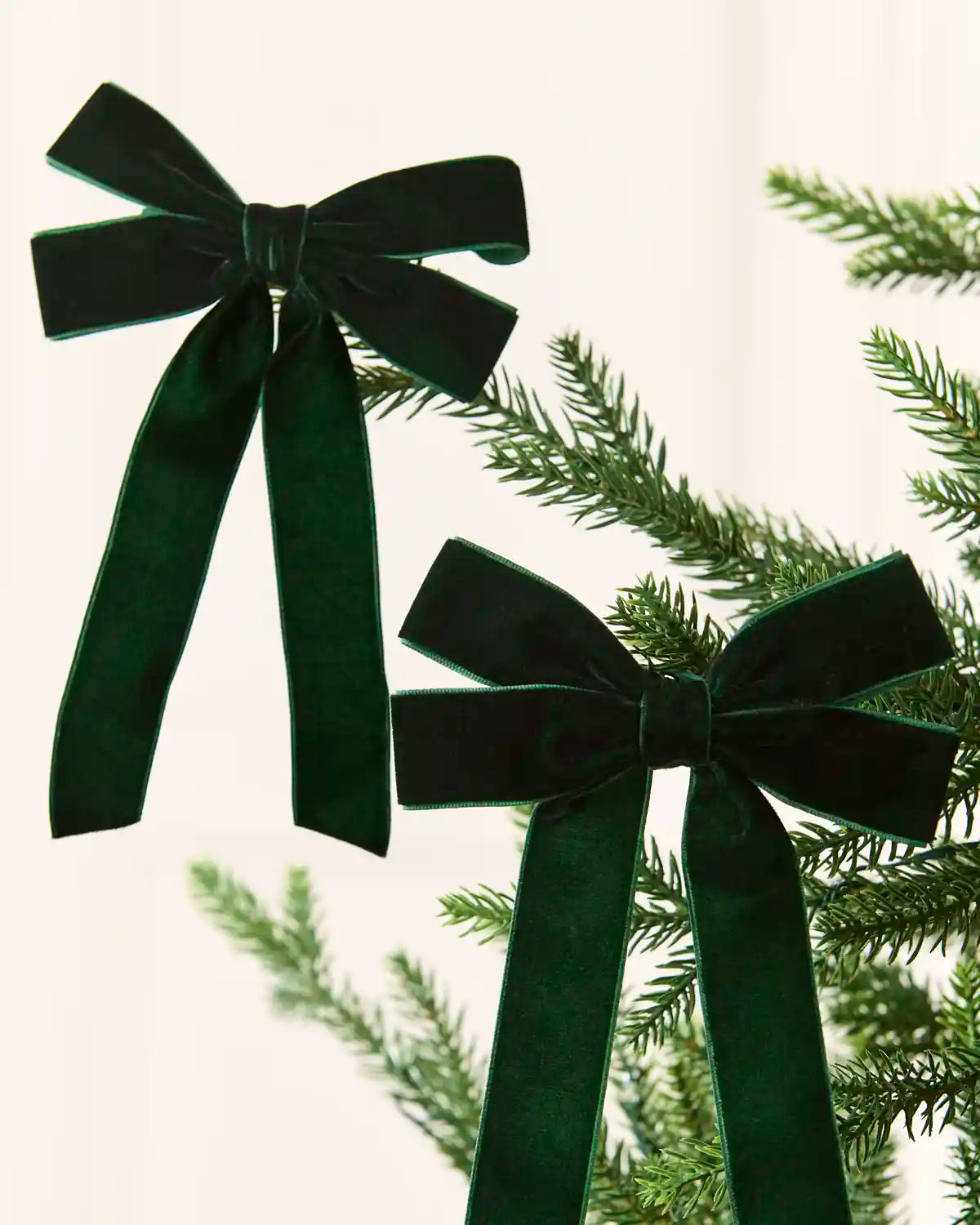 Two sage green velvet double bows with long tails arranged across Christmas tree branches.