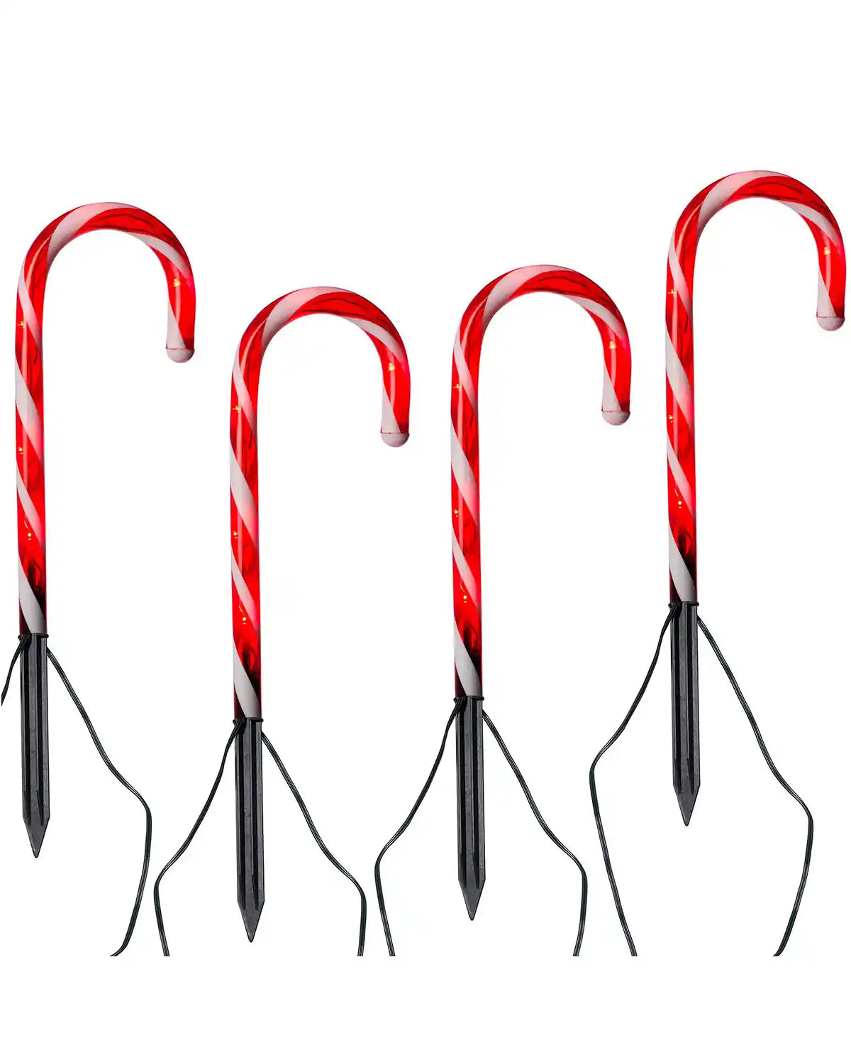 Set of 4 red and white candy cane pathway lights with ground stakes on a white background