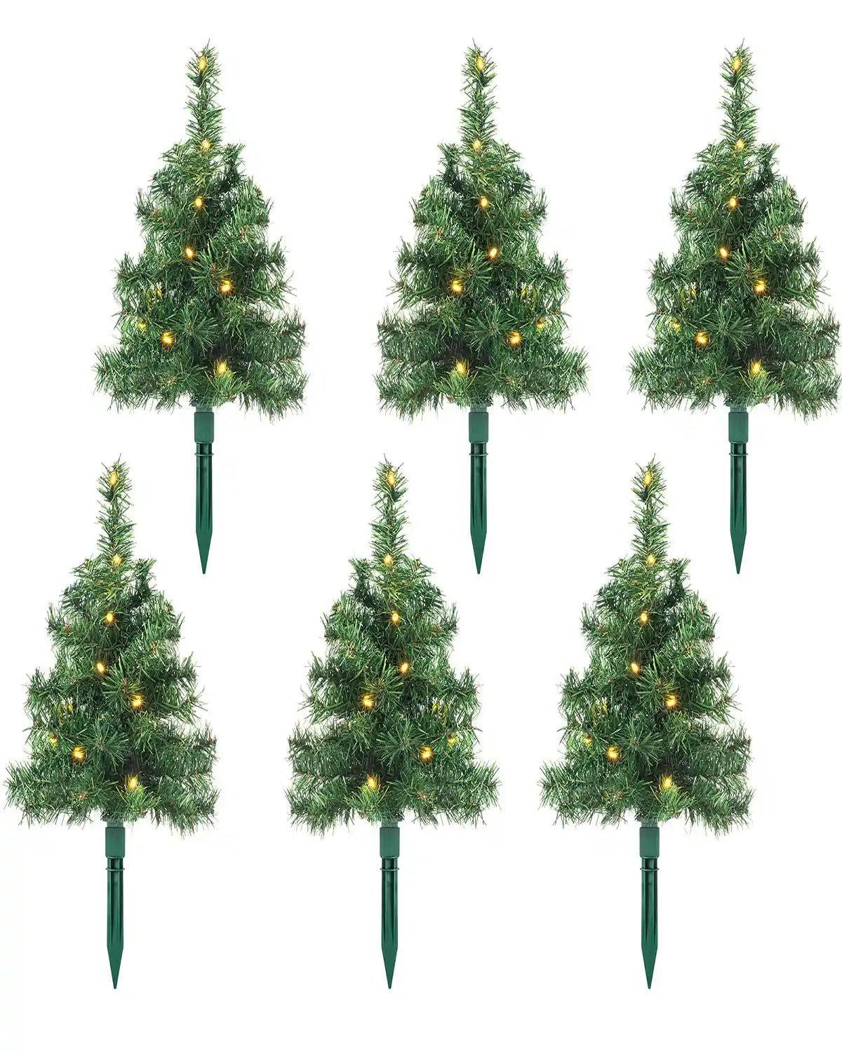 Set of six warm white LED Christmas tree pathway stake lights on white background