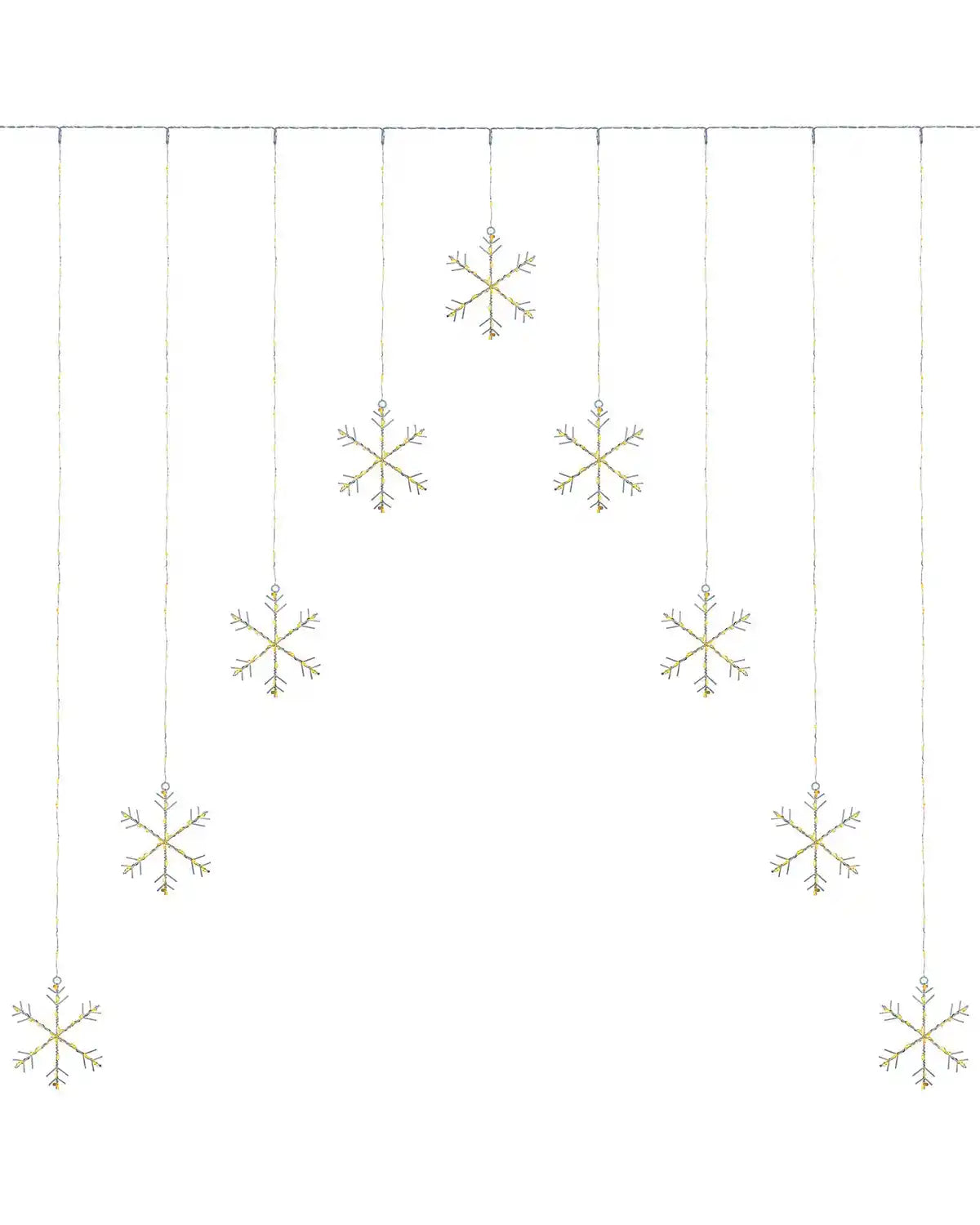 Warm white snowflake curtain string lights with hanging LED strands on white background
