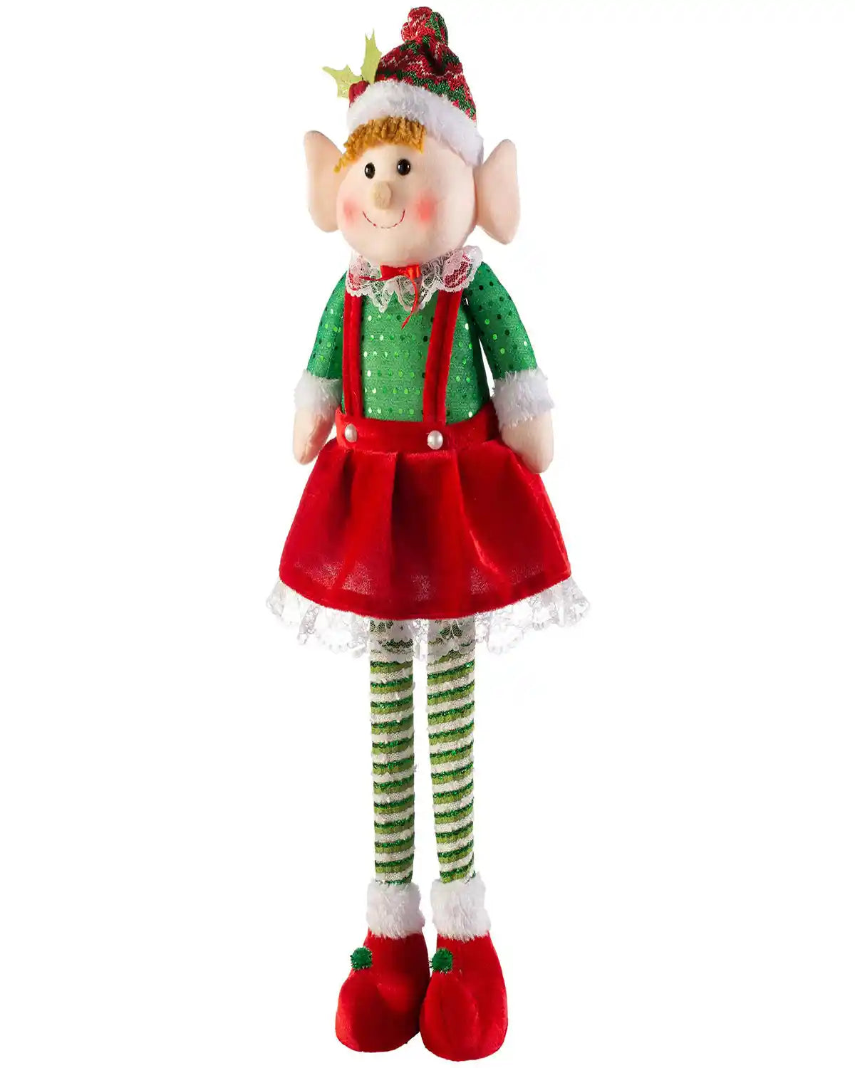 Standing elf girl figurine, 60 cm, wearing a red skirt and green striped tights on a white background