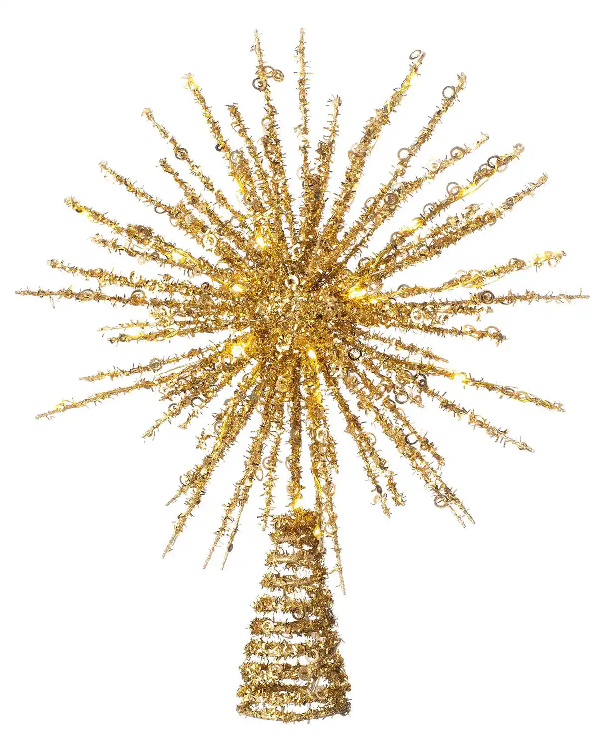 Gold starburst Christmas tree topper with warm white LED lights on a white background