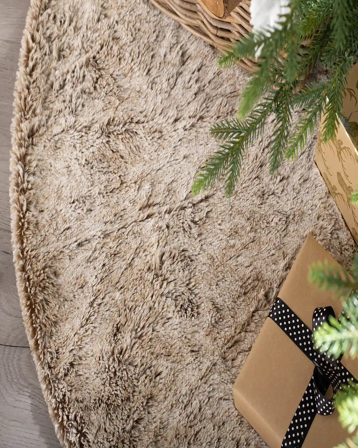 Close-up of soft two-tone brown faux fur Christmas tree skirt