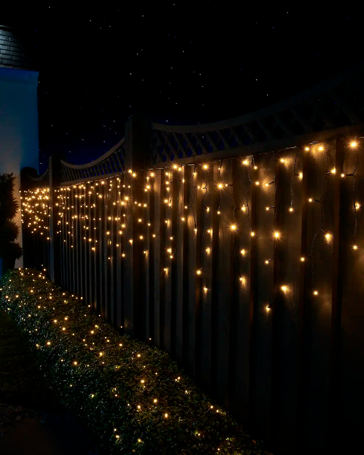 Warm white icicle lights on black cable displayed along a garden fence above a lit hedge at night.