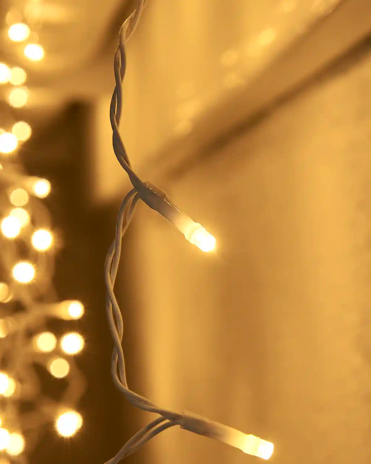 Close-up of warm white icicle light LEDs on white cable.
