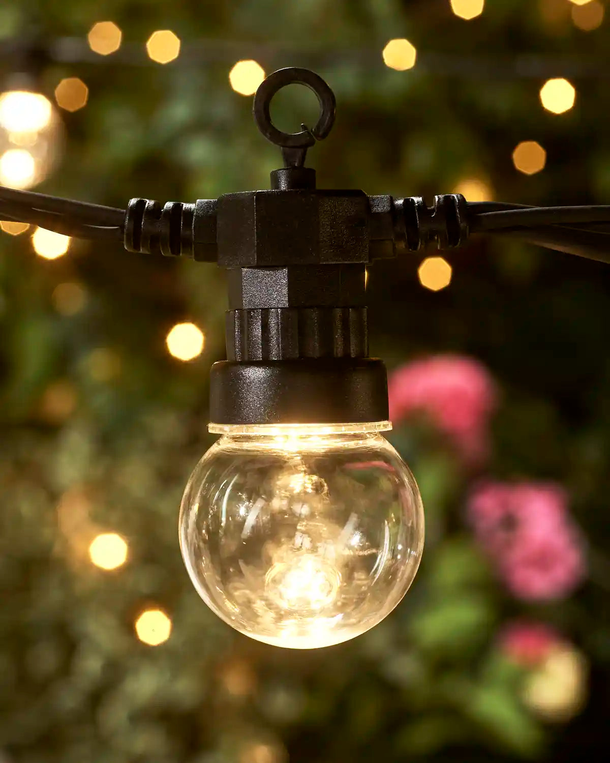 Close-up of a warm white clear festoon bulb string light with black cable against a blurred garden background