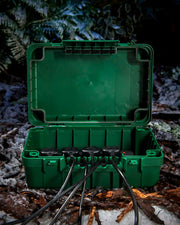 Open green weatherproof electrical box with plugs and cables inside.