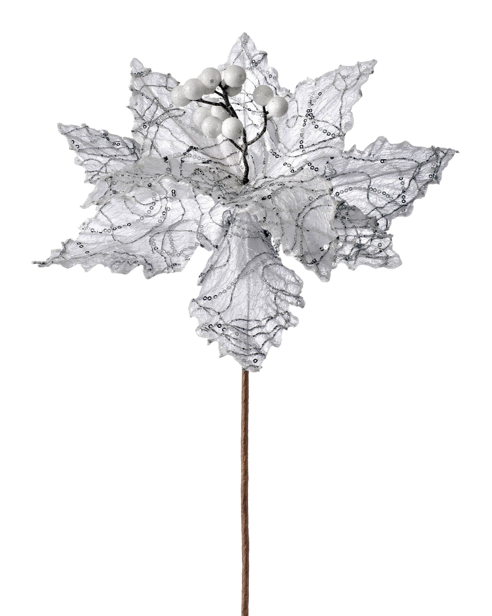 White artificial poinsettia flower with silver sequins and white berries on white background