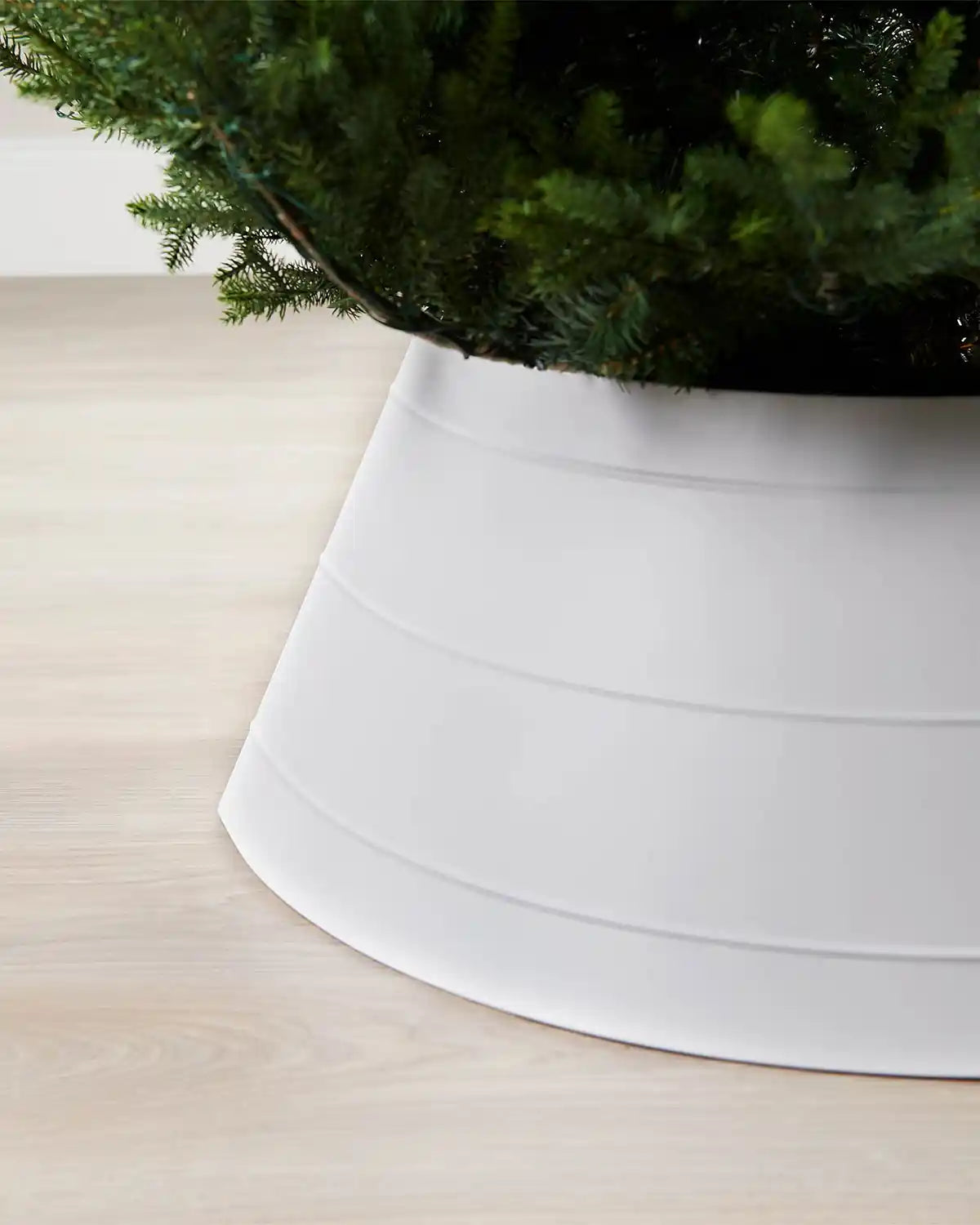 Close-up image of white metal tree collar from the left hand side on light wood flooring