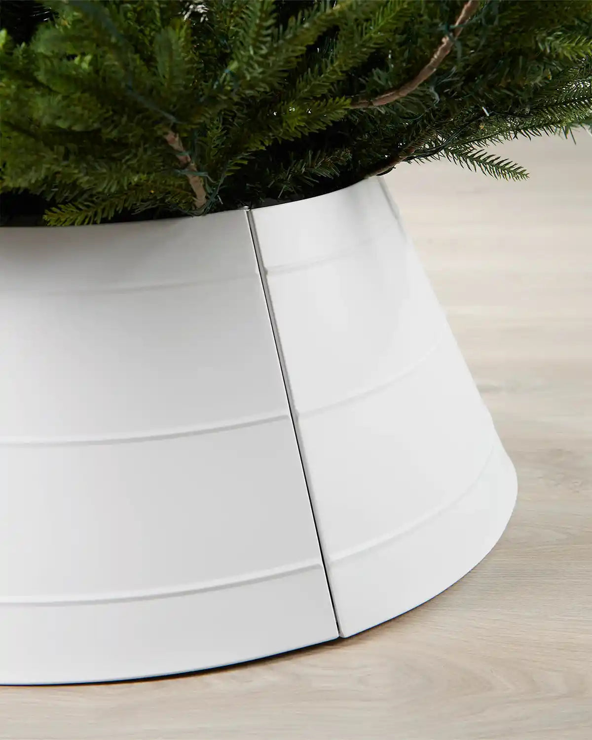 Close-up image of white metal tree collar underneath a green tree on light wood flooring 