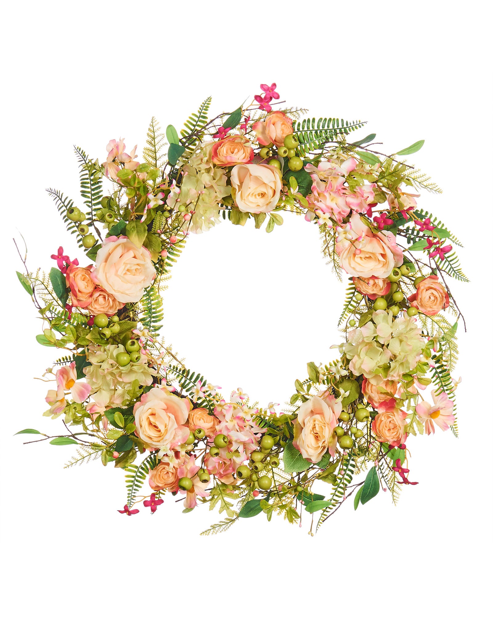 Artificial Floral Rose Spring Wreath, Pink, 28 Inch