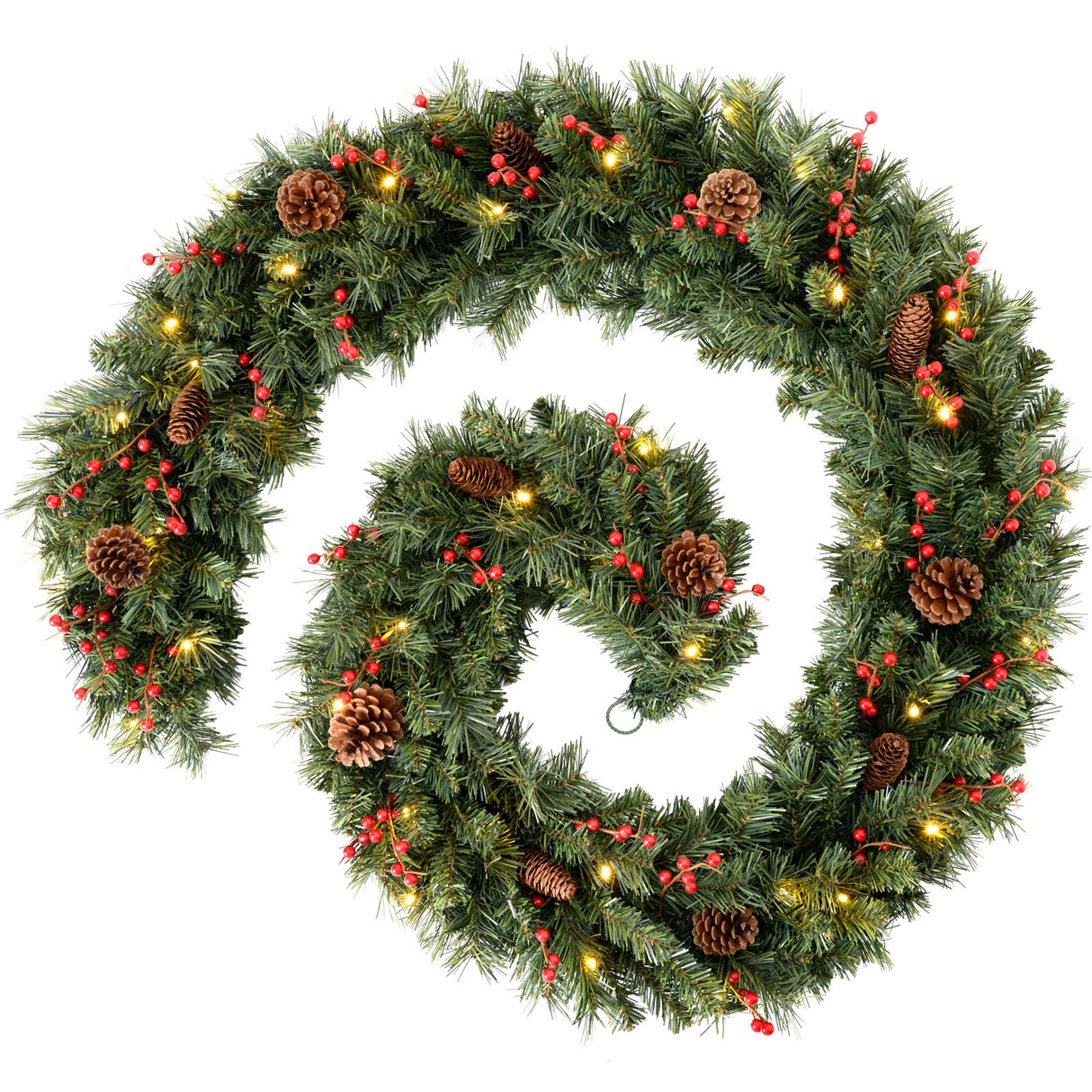 Pre-Lit Extra-Thick Mixed Pine Garland with Pinecones and Berries, 9 ft