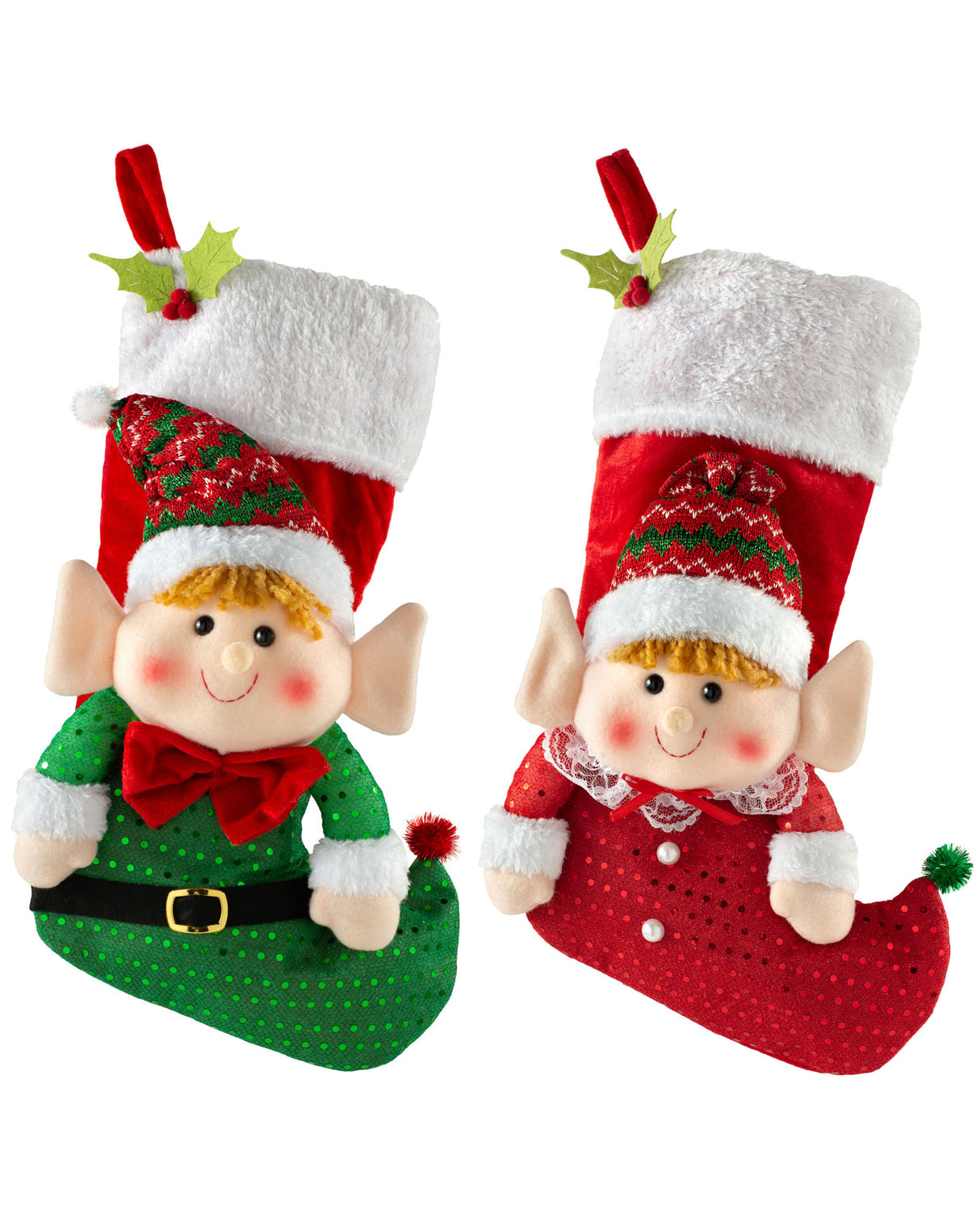 Set of 2 Elf Stockings, Red and Green, 53 cm