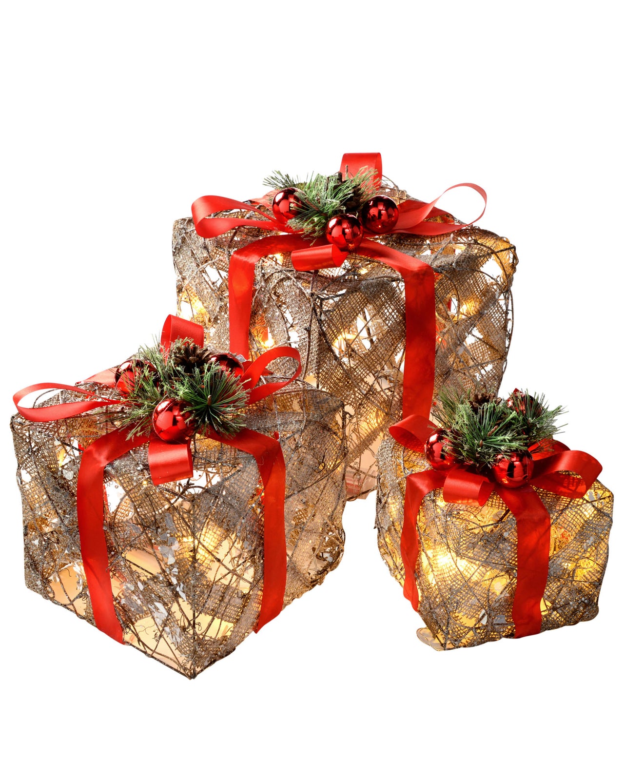 Set of 3 Pre-Lit Rattan Gift Boxes, 25 cm