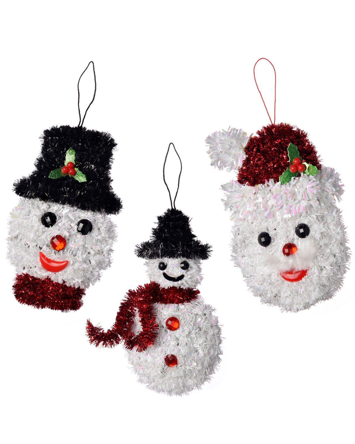 Pack of 3 Hanging Tinsel Snowman Decorations, 16 cm