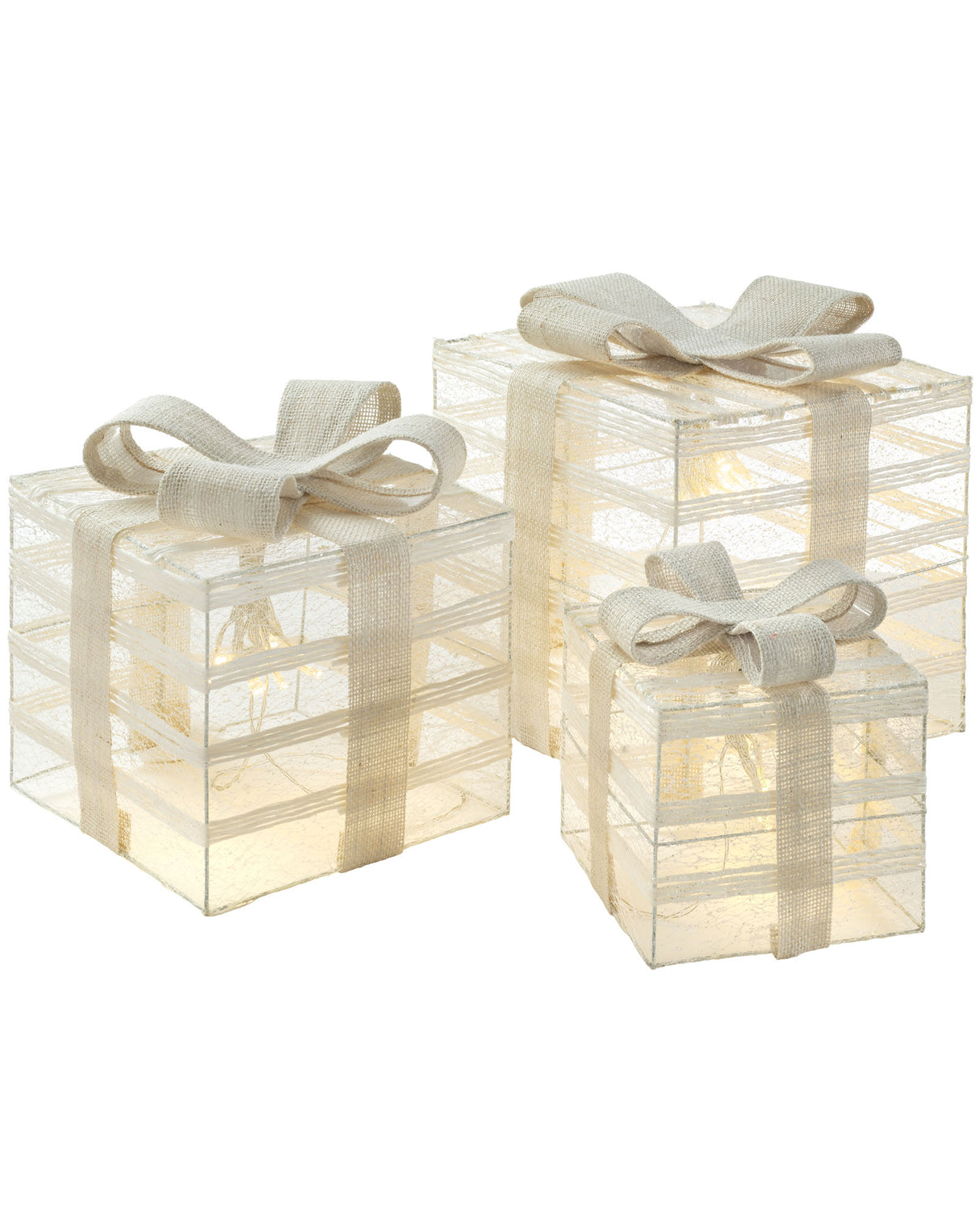 Set of 3 Pre-Lit Paper String and Gauze Gift Boxes, 26 cm