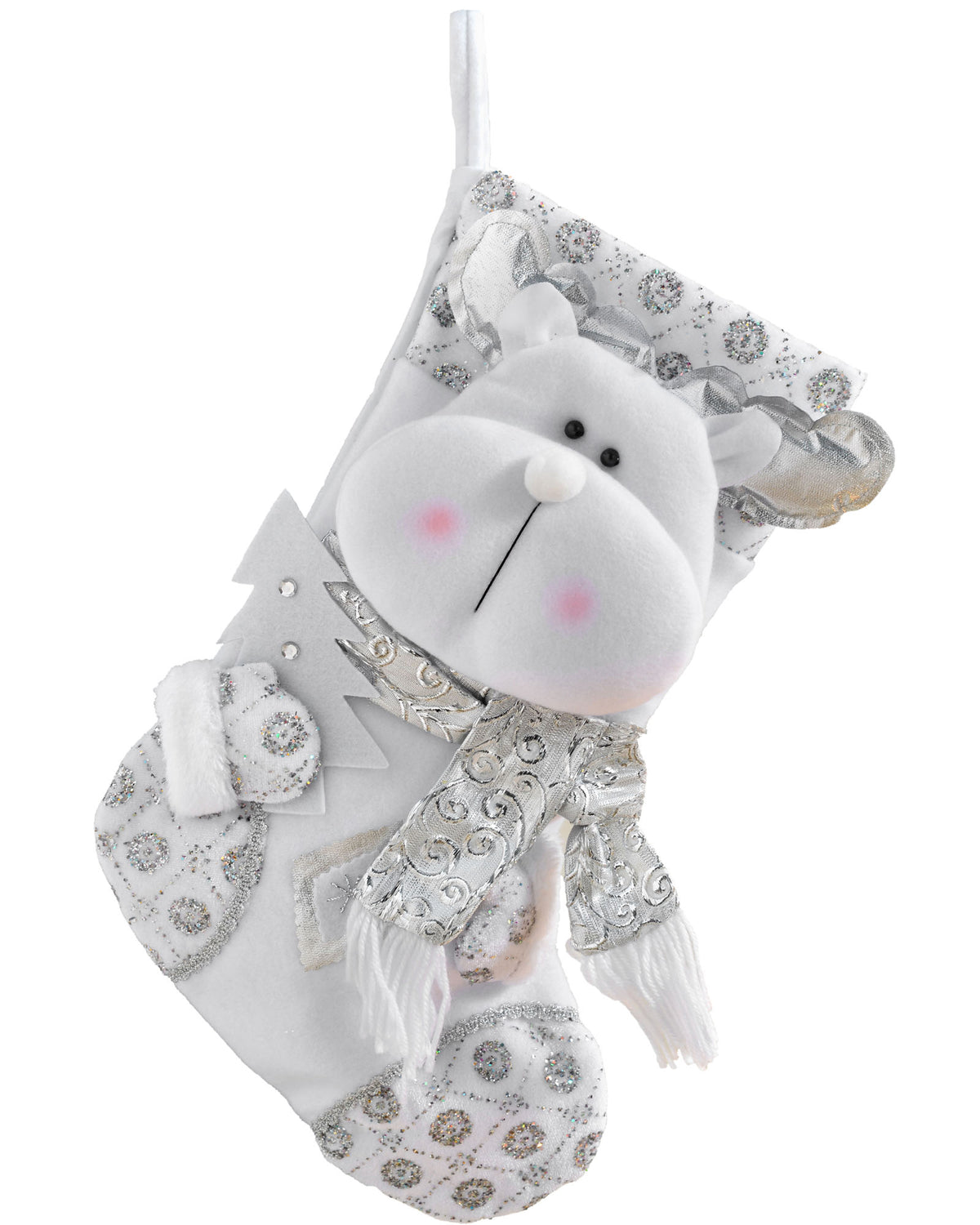 Reindeer Stocking, White/Silver, 48 cm
