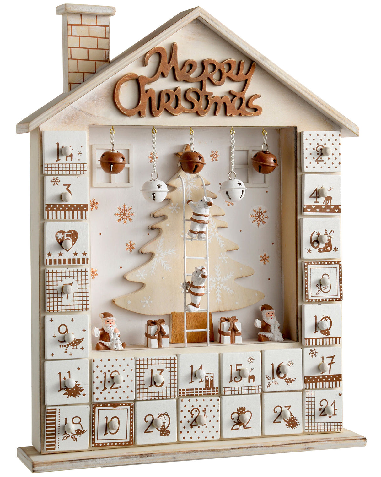 Wooden House Advent Calendar Christmas Decoration, 37cm, Beige