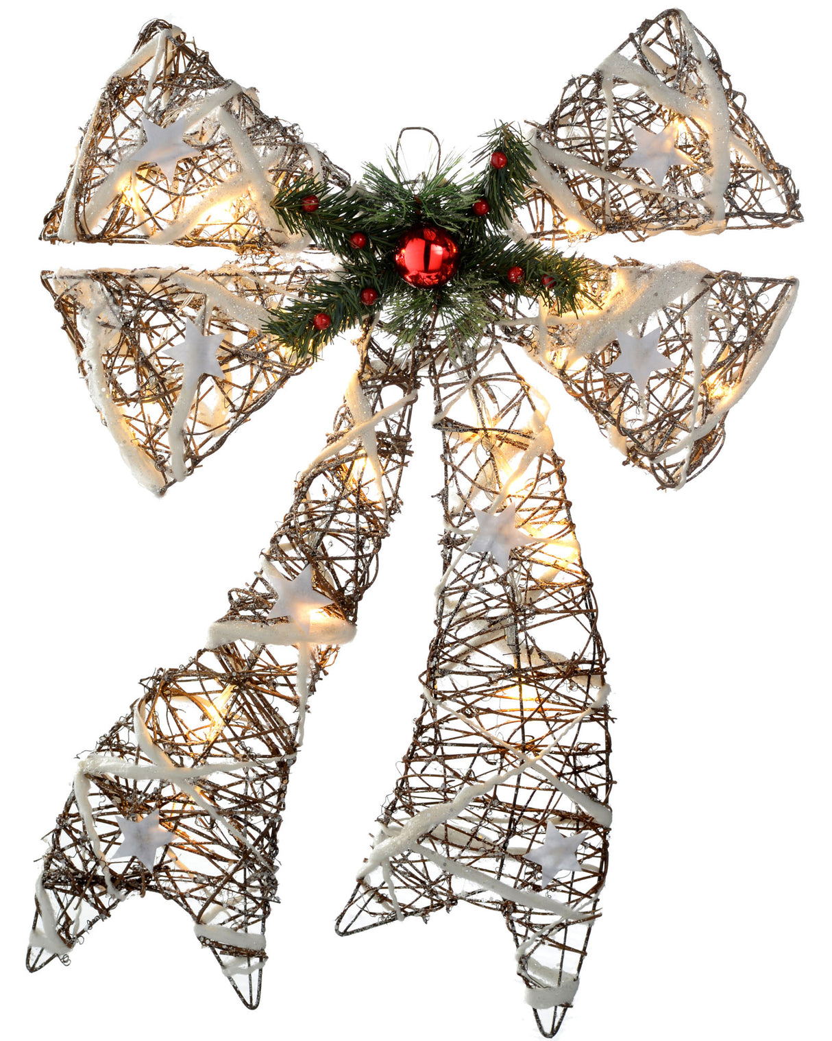 Pre-Lit Rattan Warm LED Ribbon with Snow and Stars Christmas Decoration, 48 cm - White