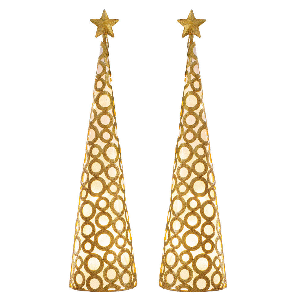 Set of 2, Pre-Lit Christmas Tree Decorations, Gold, 45 cm