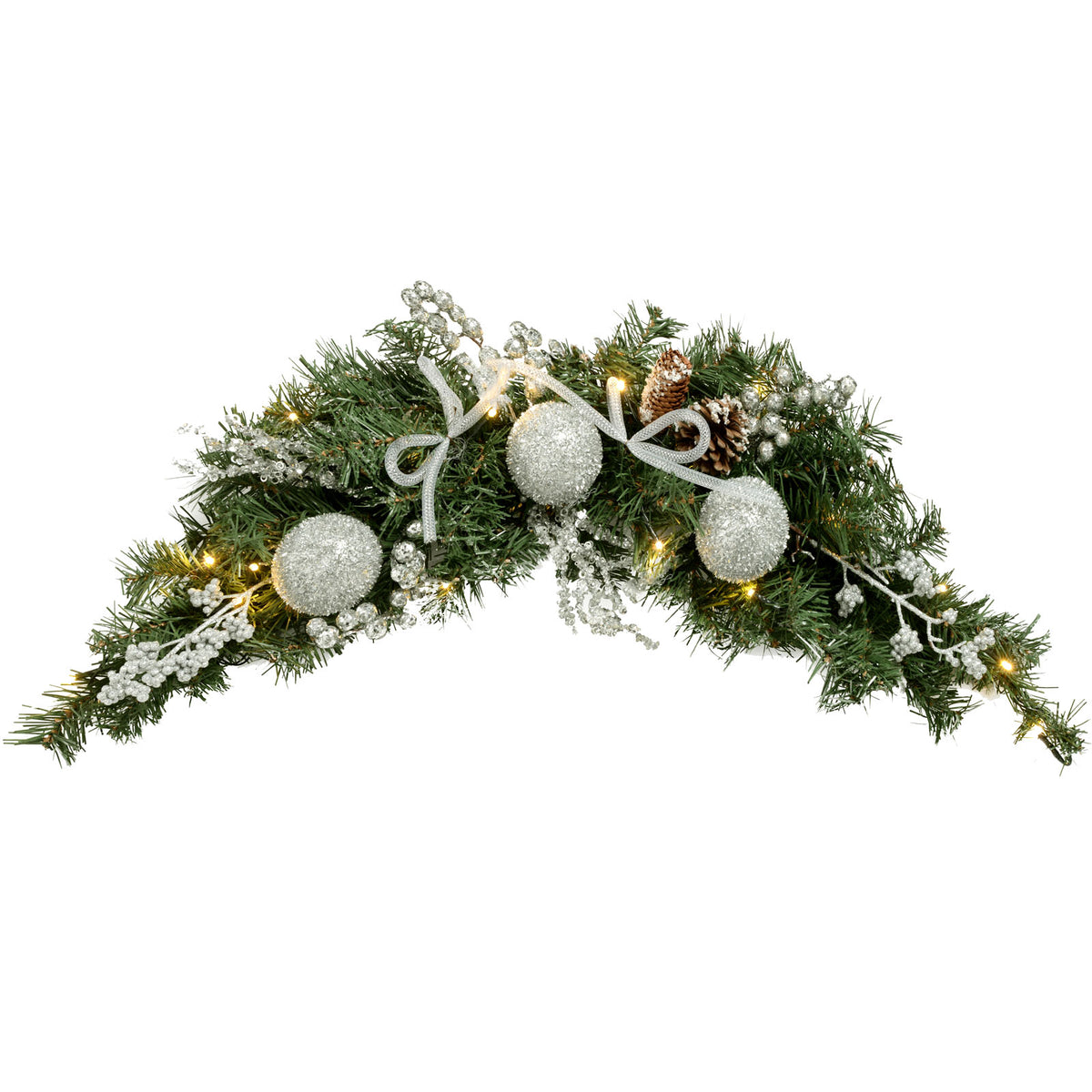 Pre-Lit Decorated Arch Garland with 20 Warm White LEDs, Silver, 3 ft