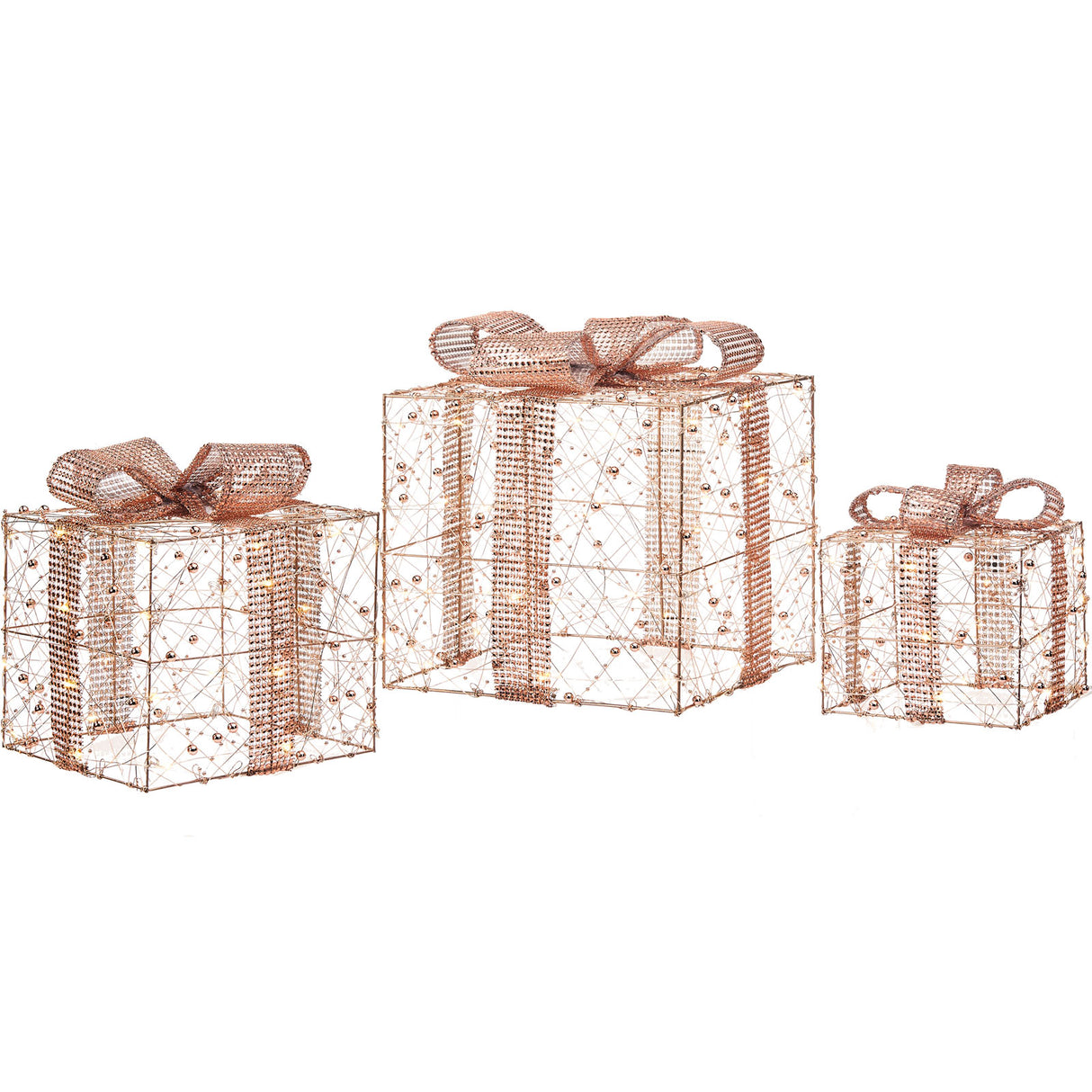 Set of 3 Pre-Lit Gift Boxes, Rose Gold, 40 cm