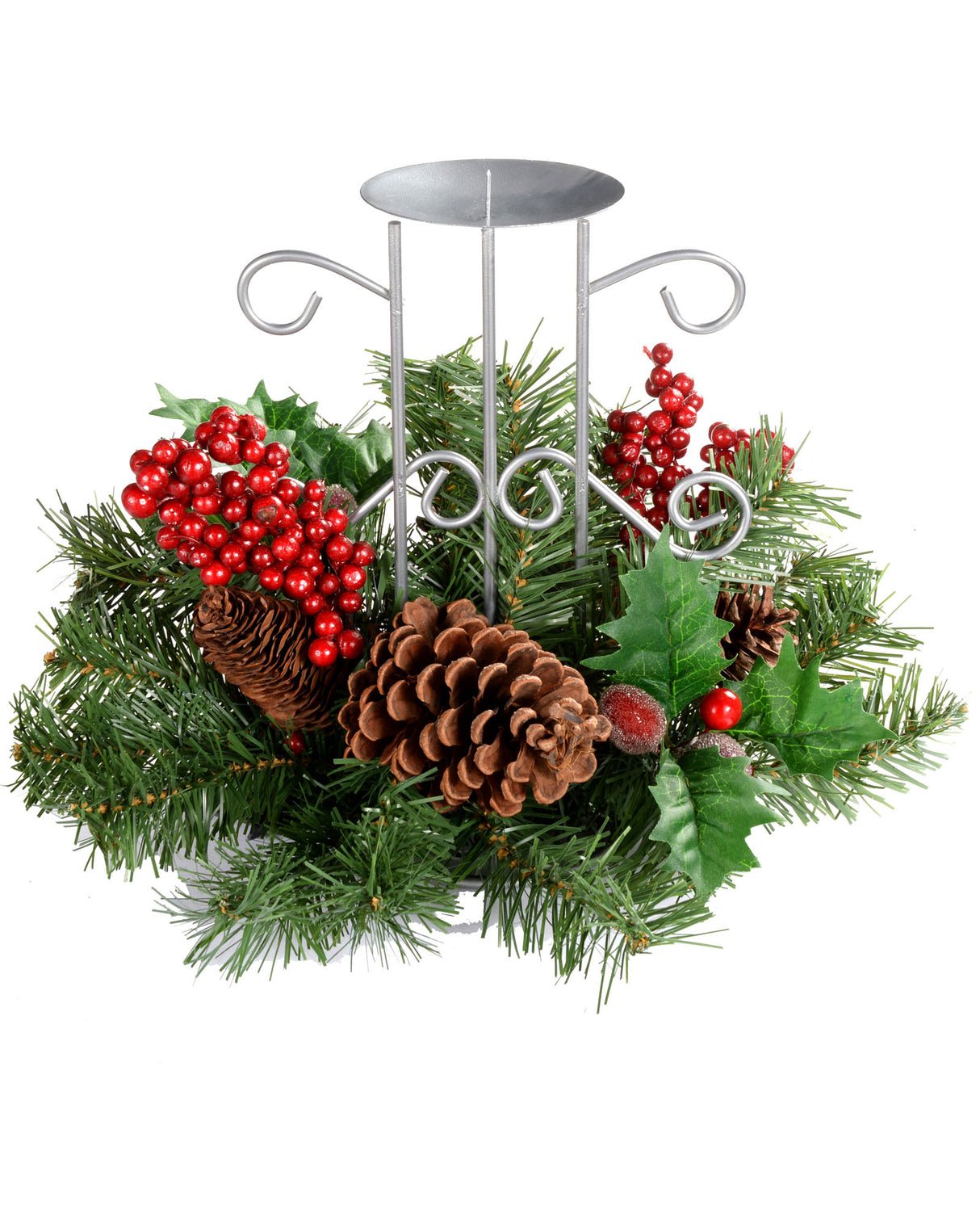 Natural Pinecone and Berry Table Centre Piece with Single Pillar Garland Candle Holder Christmas Decoration, Single Pillar
