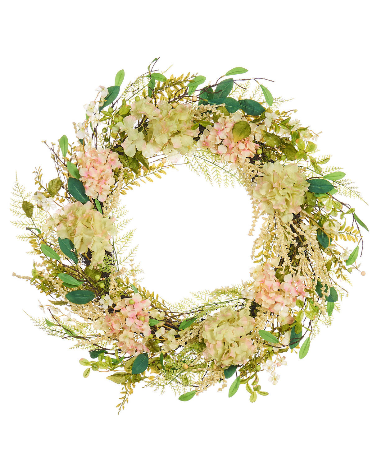 Artificial Spring Hydrangea Wreath, Peach and White, 28 Inch