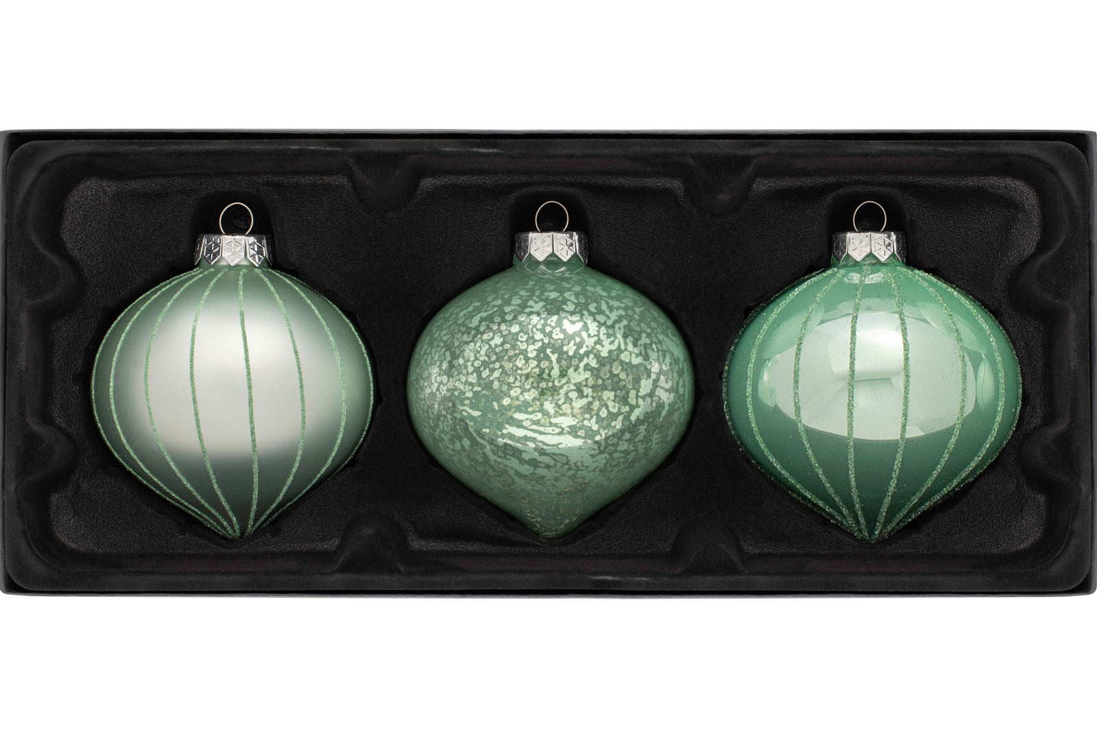 3 Mint Green Glass Baubles, 11 cm