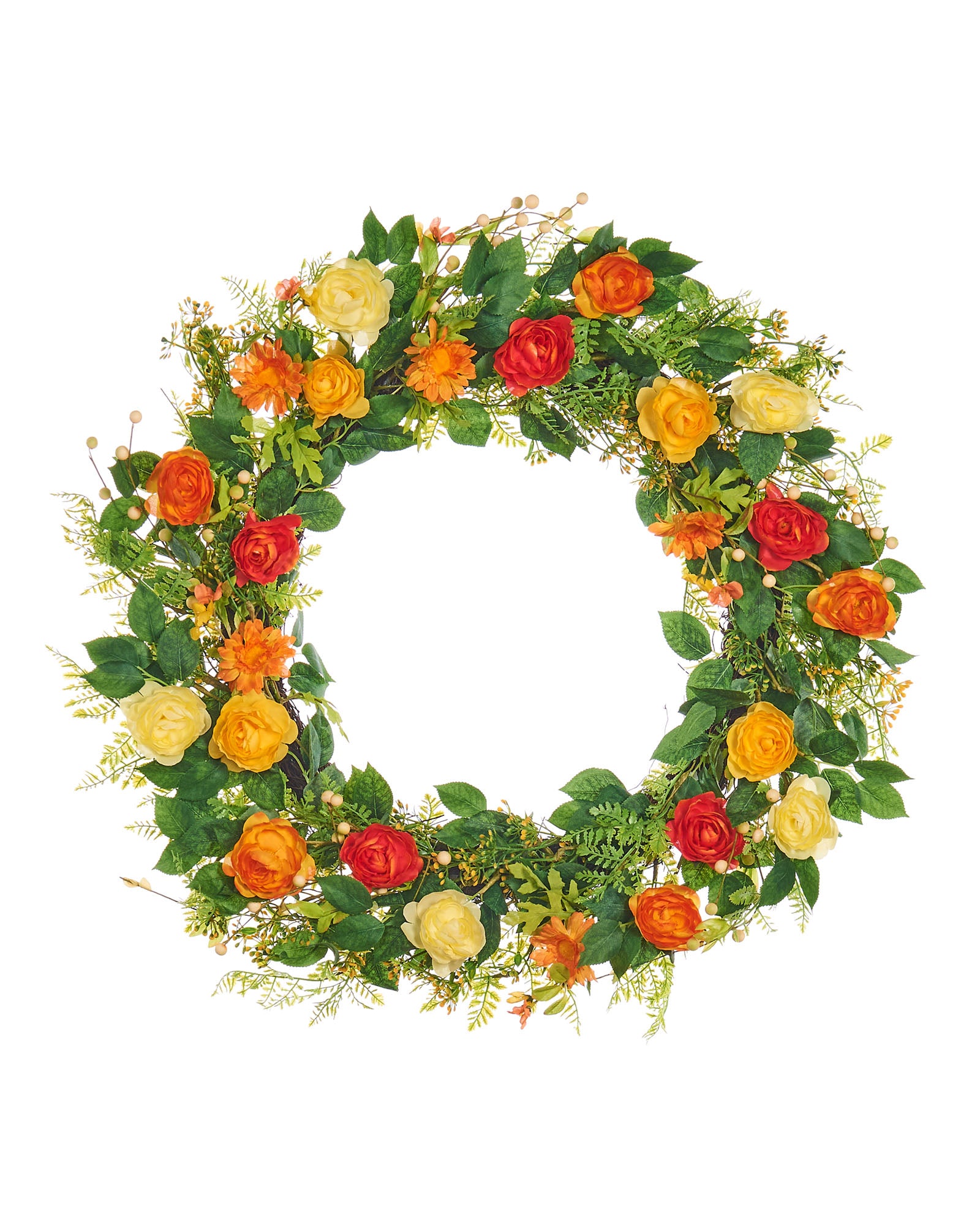 Artificial Floral Rose Spring Wreath, Orange, 28 Inch