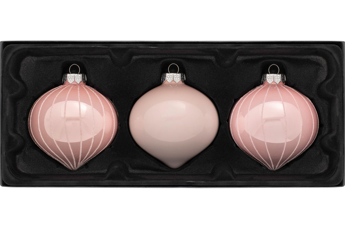 3 Baby Pink Glass Baubles, 11 cm