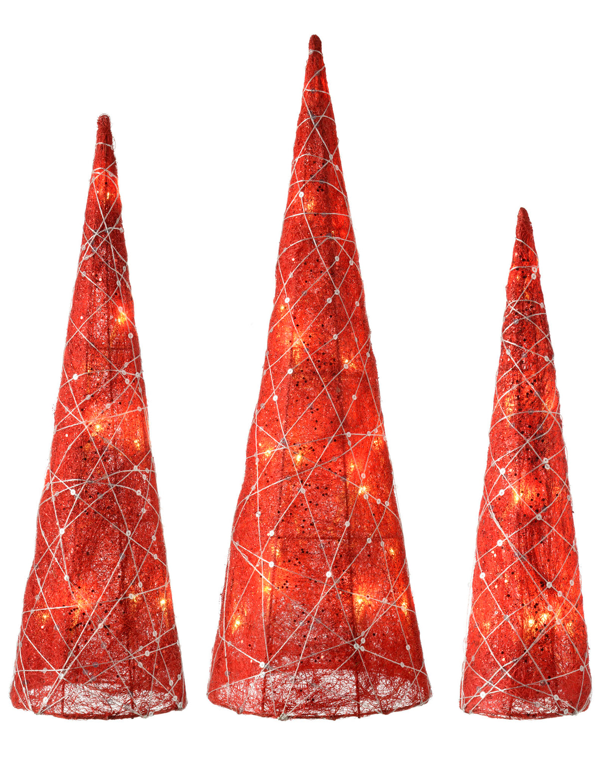 Pre-Lit Set of 3 Woven Tree Cones, 61 cm