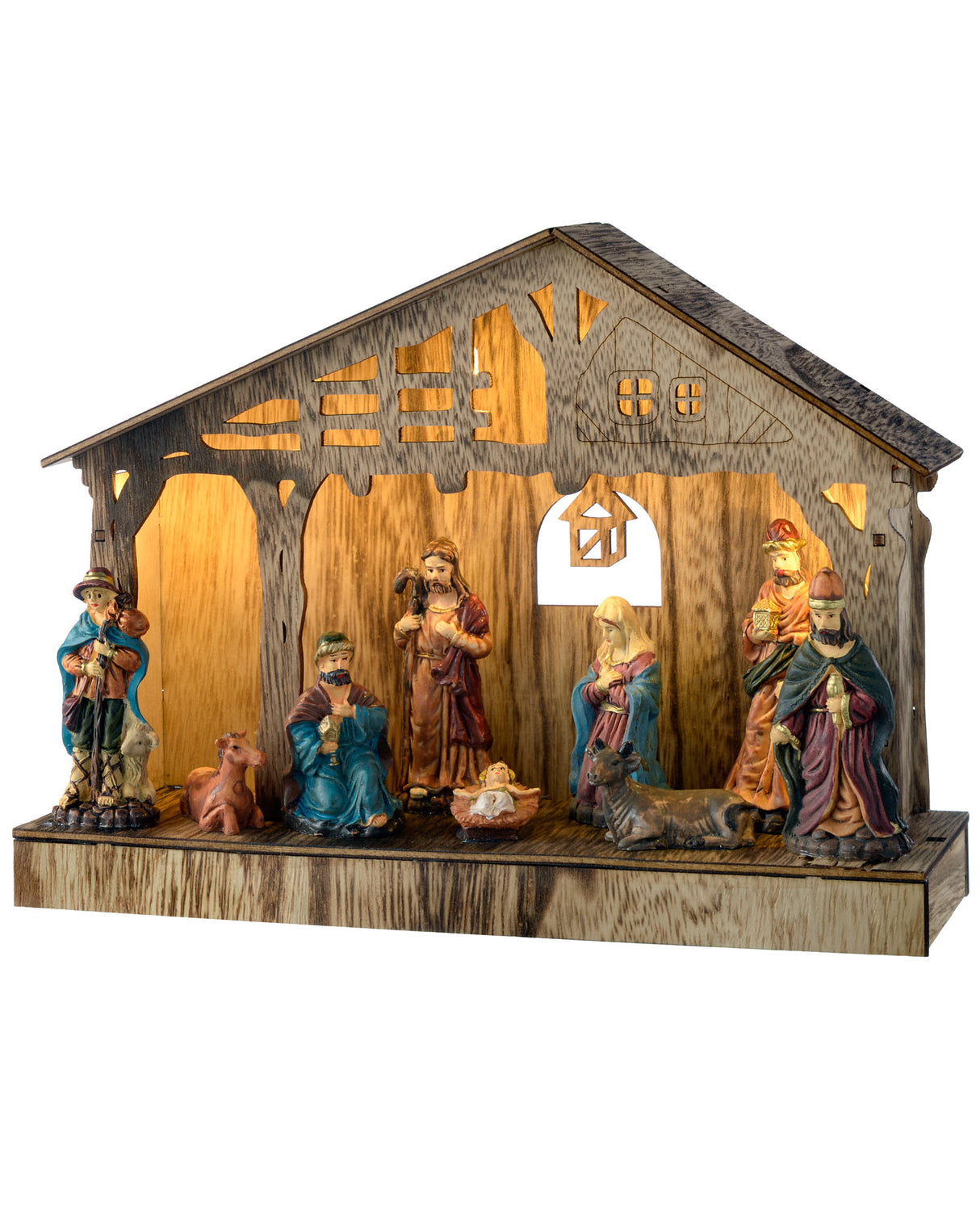 Pre-Lit Colourful Nativity Scene Christmas Decoration, Wood, Multi-Colour, 26.5 cm
