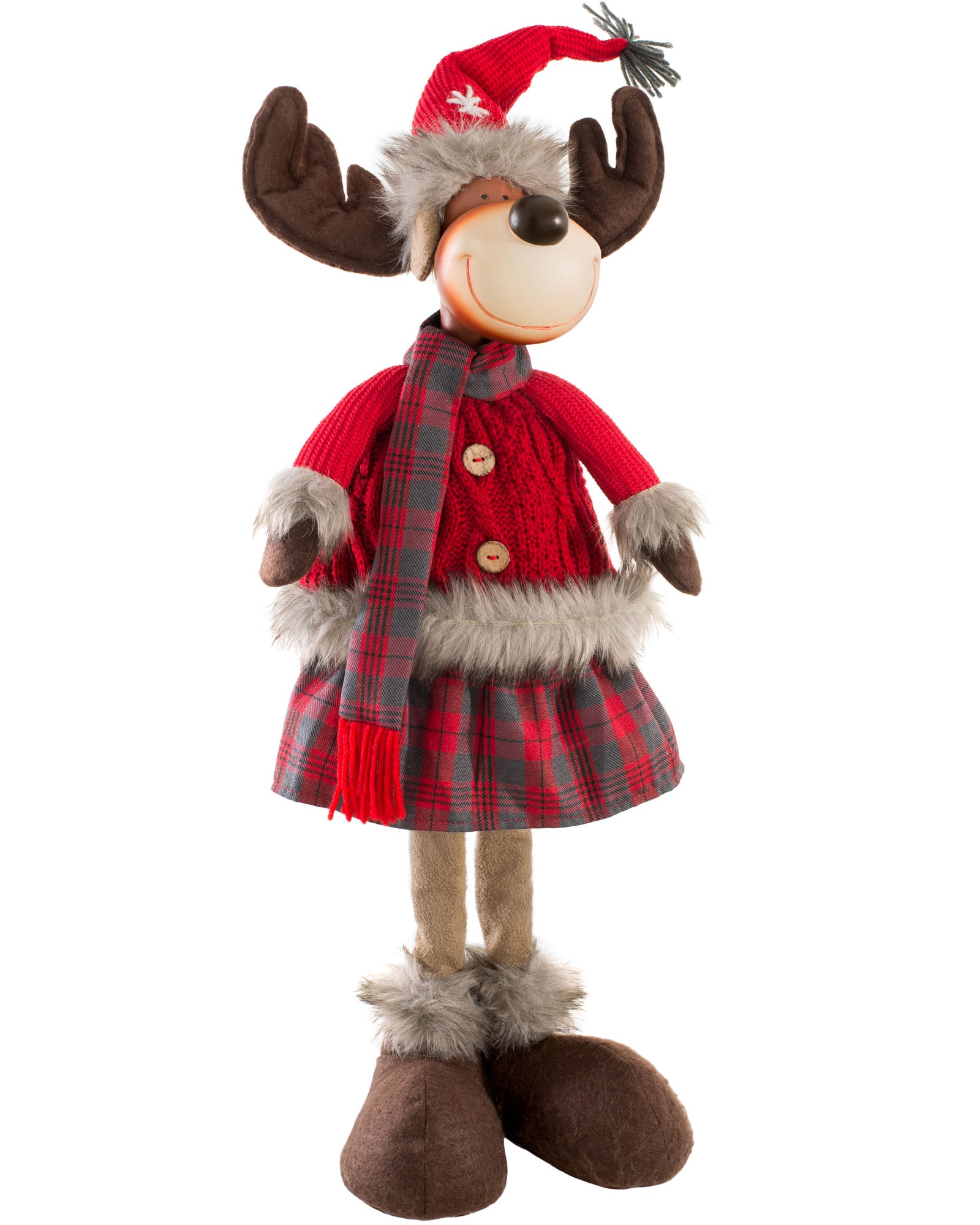Standing Reindeer Figurine, Red and Tartan, 60 cm