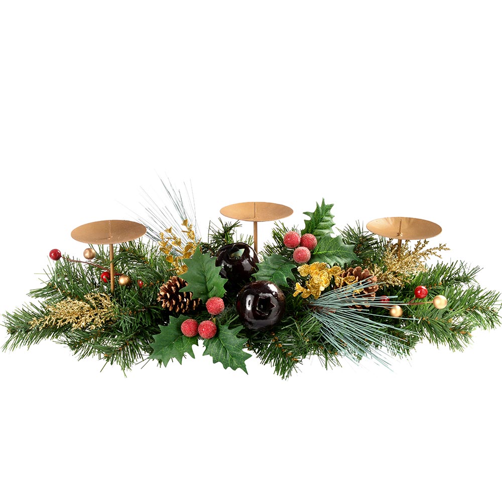 Decorated Table Centre Piece Garland Candle Holder - Red/ Gold, 3 Pillar