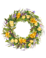 Artificial Spring Rose & Heather Wreath, Yellow & Purple, 28 Inch
