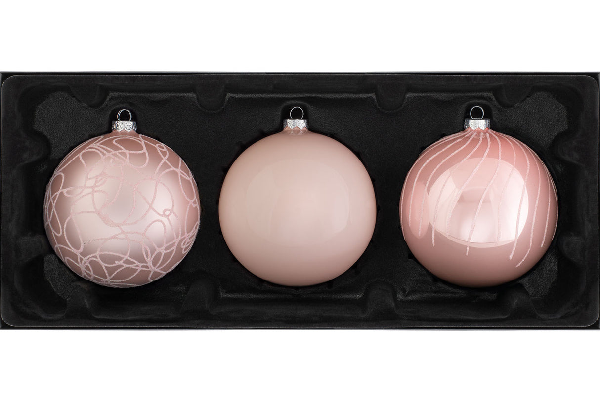 Baby Pink Glass Baubles, 3 Pack, 13 cm