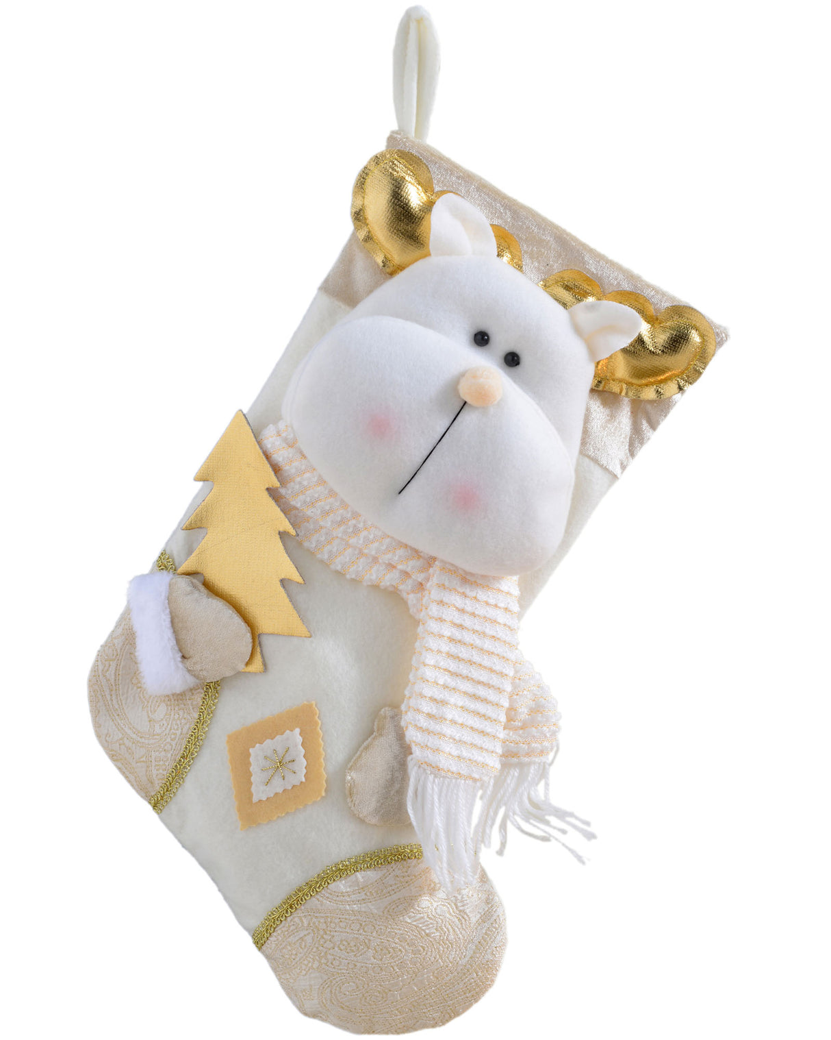 Reindeer Stocking, Cream/Gold, 48 cm