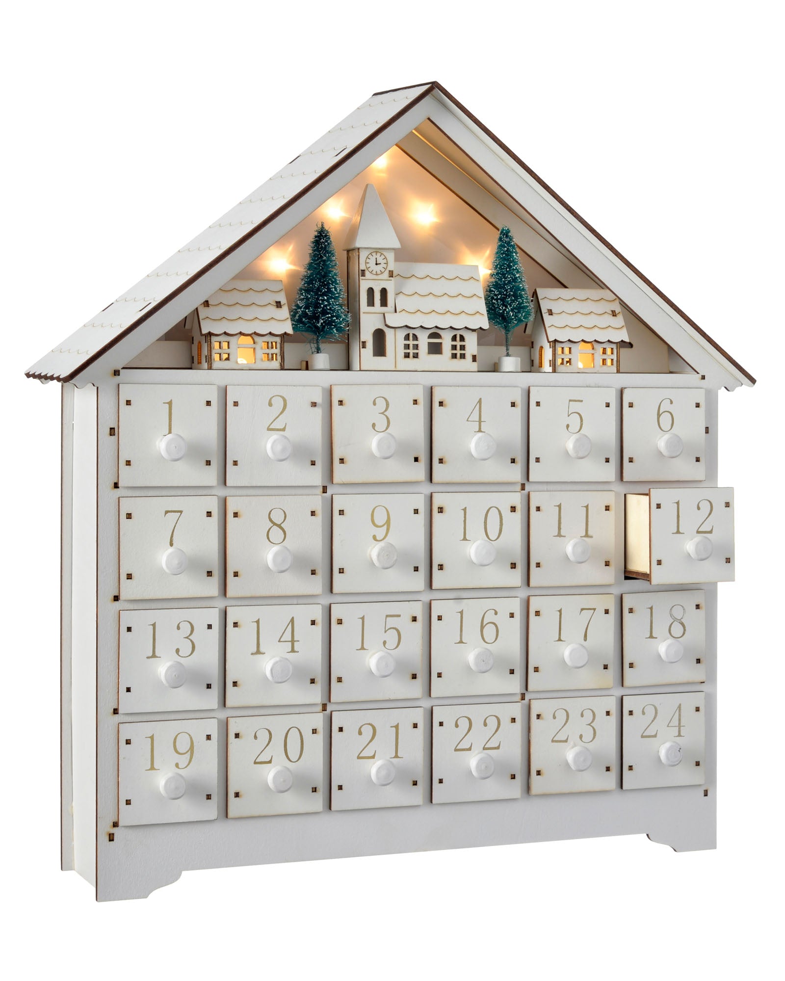 Pre-Lit Wooden Village Scene Advent Calendar, White, 35.5 cm — We R ...