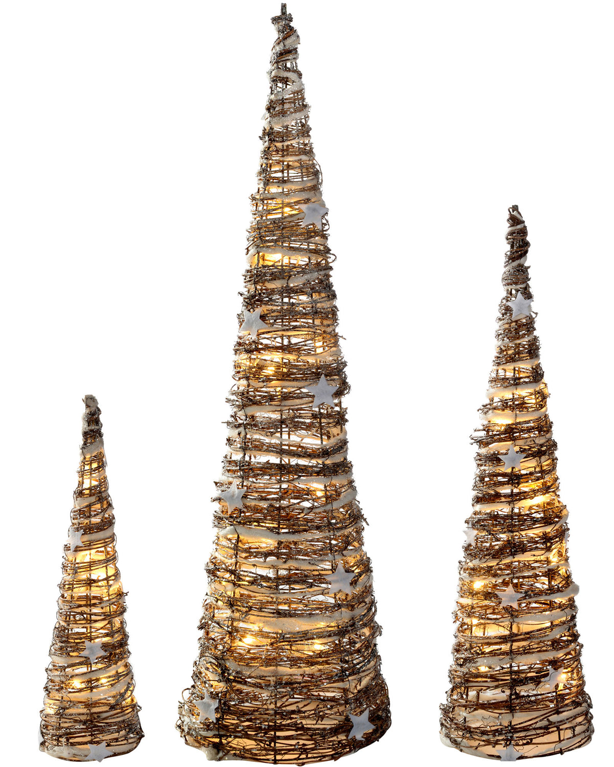 Set of 3 Pre-Lit Rattan Tree Cones, 80 cm