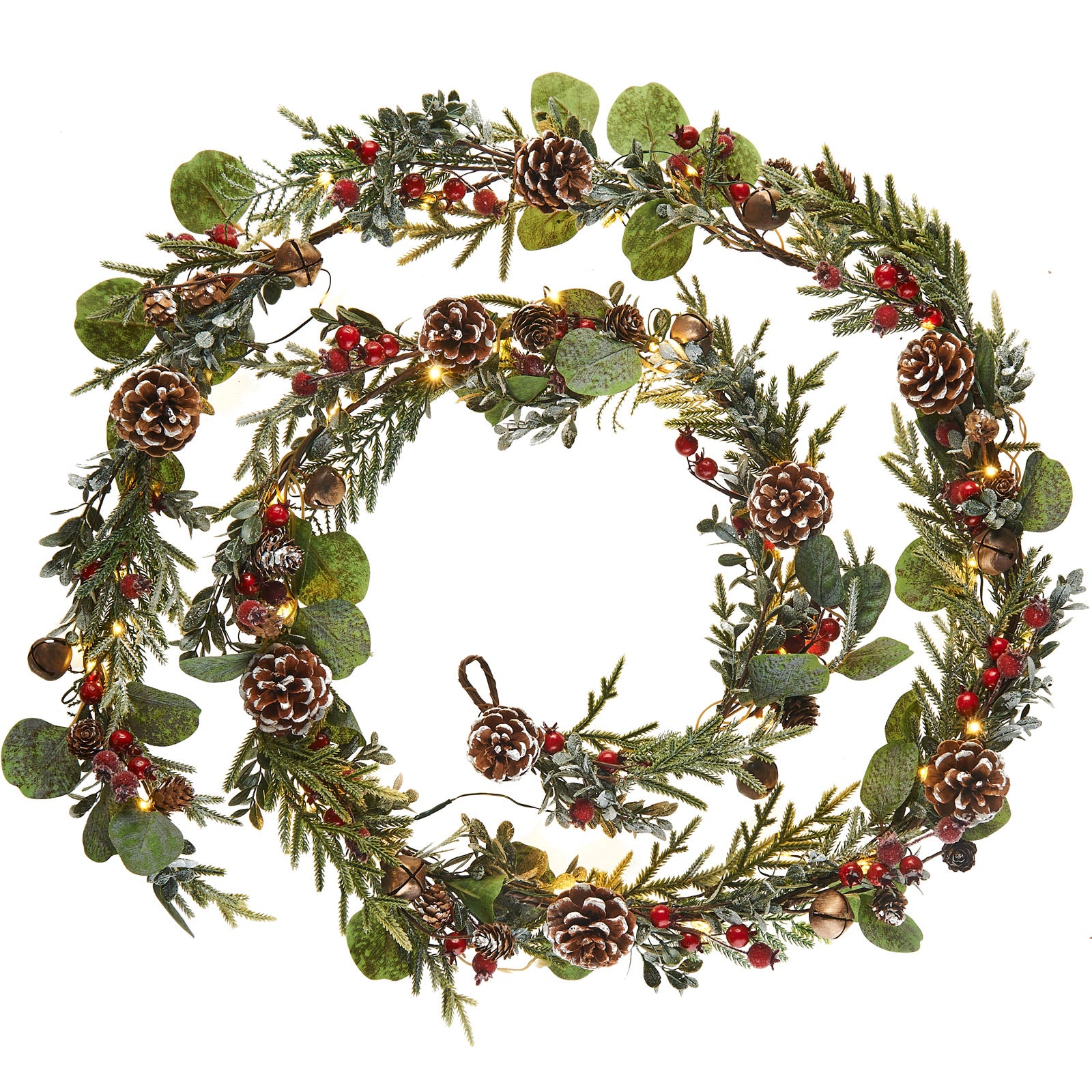 Pre-Lit Frosted Eucalyptus Garland, Pinecones & Berries, 9 ft