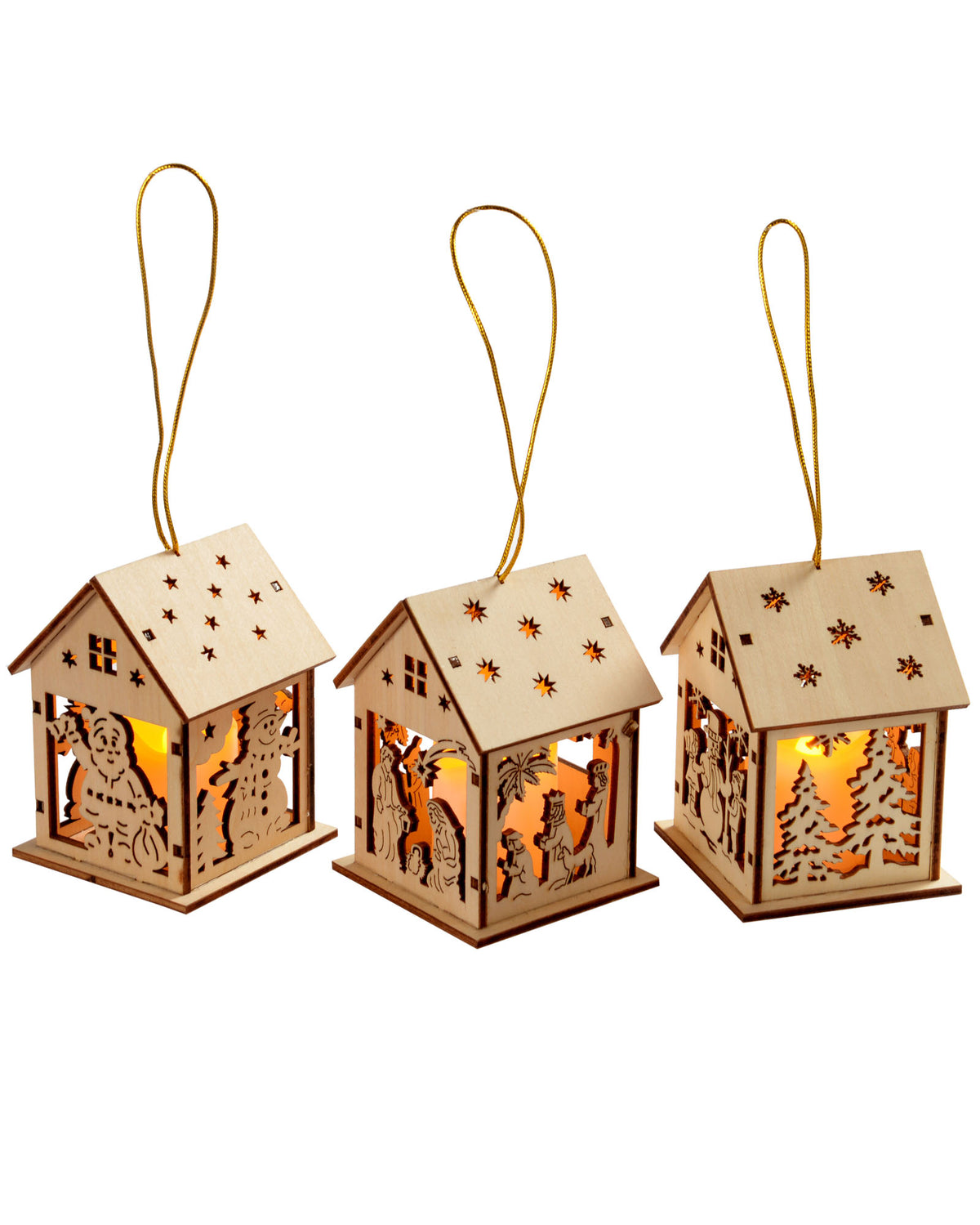 Pre-Lit Set of 3 Wooden House Tree Decorations