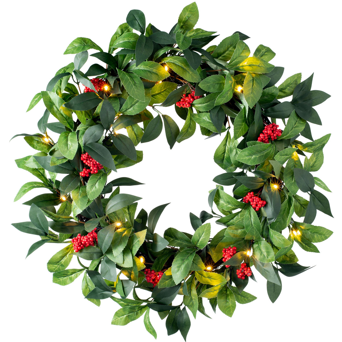 Pre-Lit Leaves & Berries Wreath, 60 cm