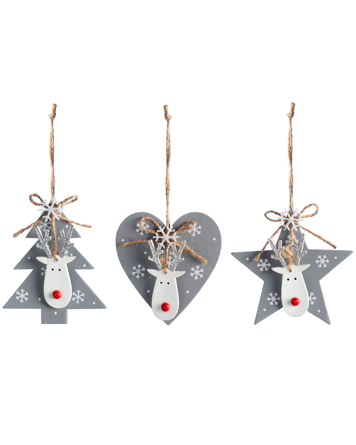 Set of 6 Hanging Christmas Decorations 9cm, Grey
