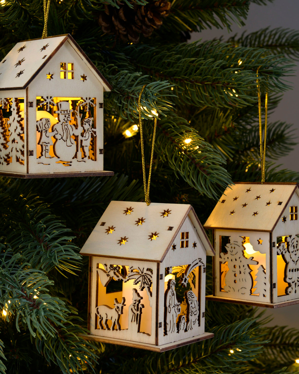 Pre-Lit Set of 3 Wooden House Tree Decorations