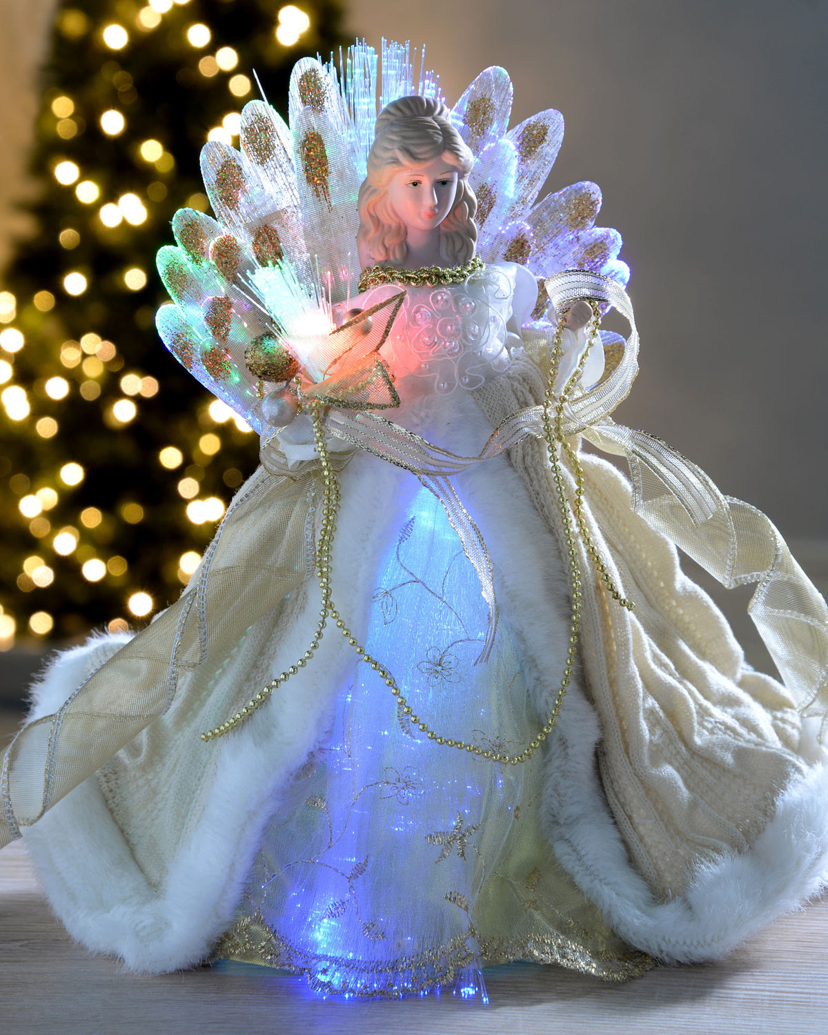 Fibre Optic Angel Christmas Tree Topper, Cream/Gold, 25 cm
