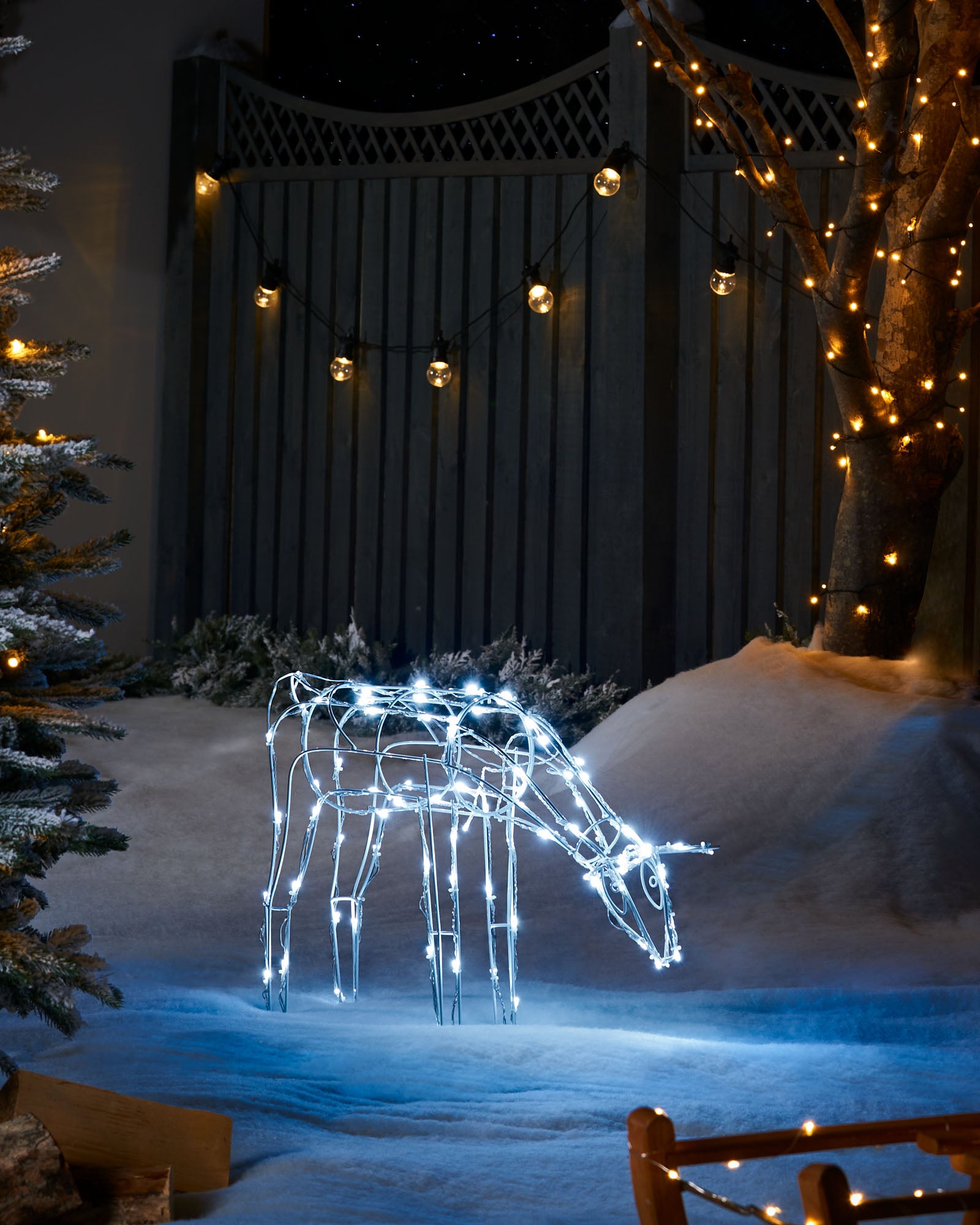 3D Twinkling Grazing Reindeer Silhouette, White, 68 cm